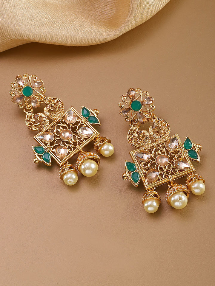 Gold Plated Emerald Stone Studded Peacock And Floral Pattern Rectangular Drop Earrings
