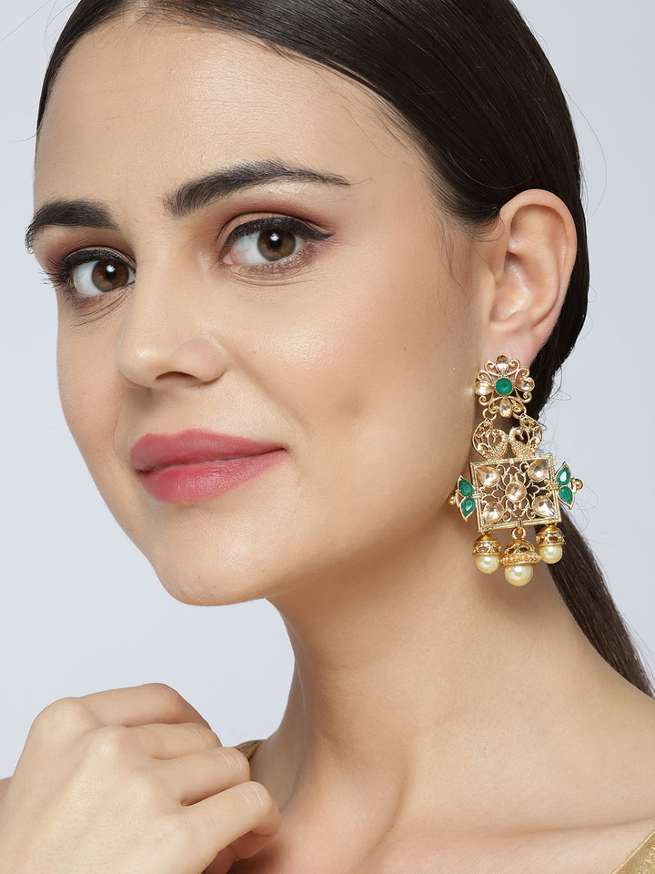 Gold Plated Emerald Stone Studded Peacock And Floral Pattern Rectangular Drop Earrings