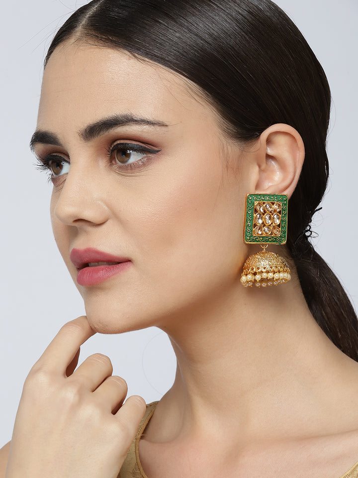 Gold Plated Stone Studded Green Meenakari Jhumka Earrings