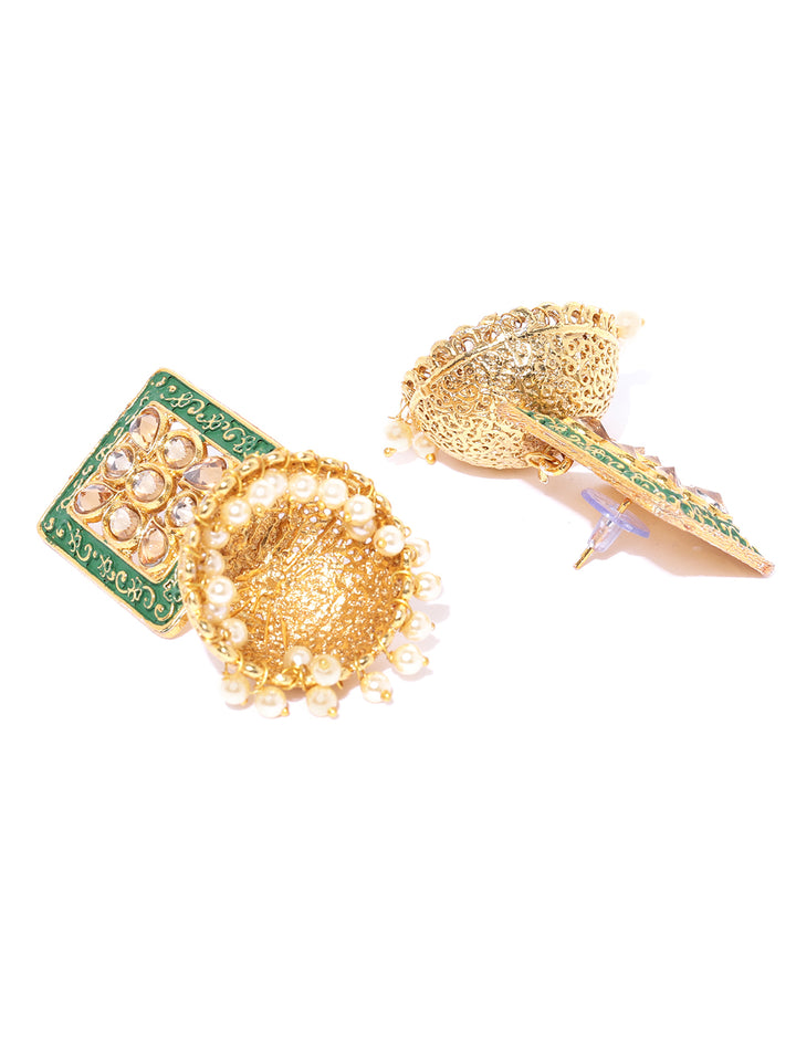 Gold Plated Stone Studded Green Meenakari Jhumka Earrings