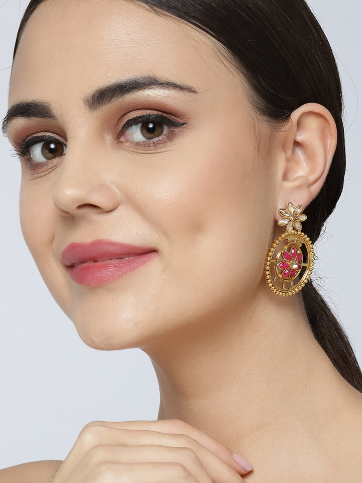 Gold Plated Floral Pattern Ruby Stone Studded Circular Drop Earrings