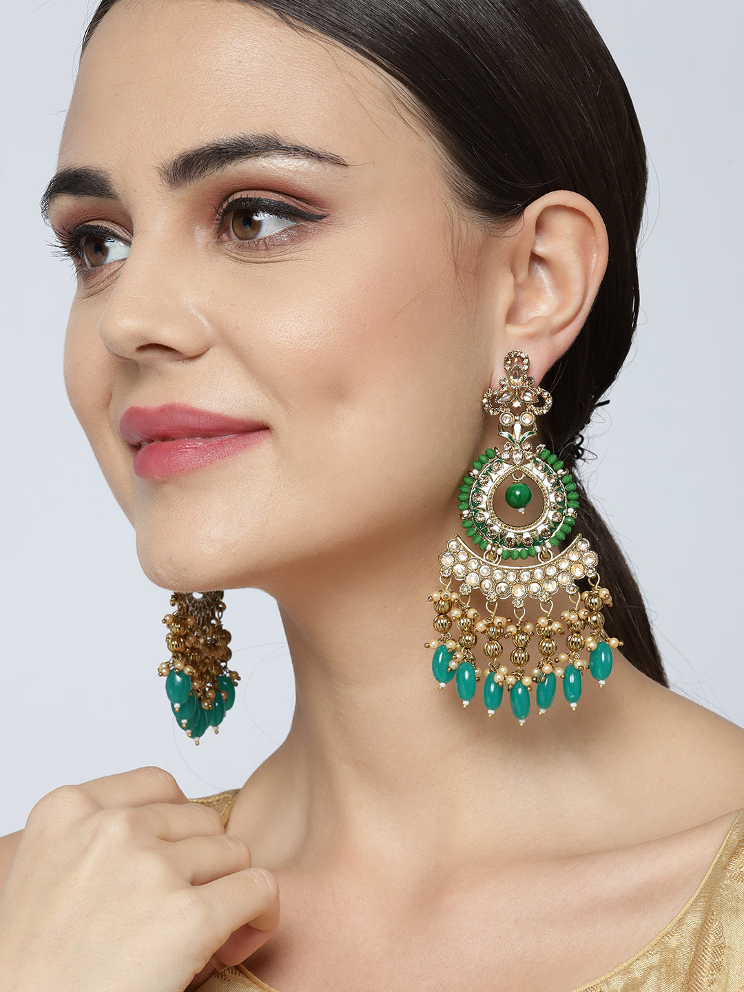 Gold-Plated Stones Studded Green Beaded Drop Earrings with Beads Drop