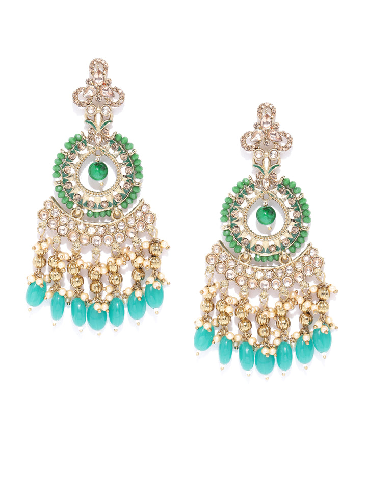 Gold-Plated Stones Studded Green Beaded Drop Earrings with Beads Drop