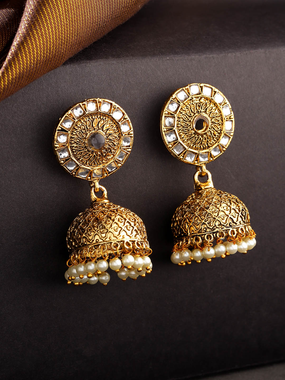 Gold-Plated Kundan Studded Jhumka Earrings