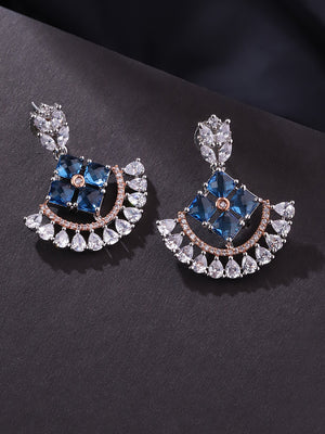 Silver-Plated American Diamond Studded Drop Earrings in Blue and White Color