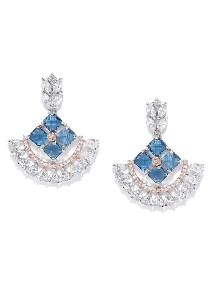 Silver-Plated American Diamond Studded Drop Earrings in Blue and White Color