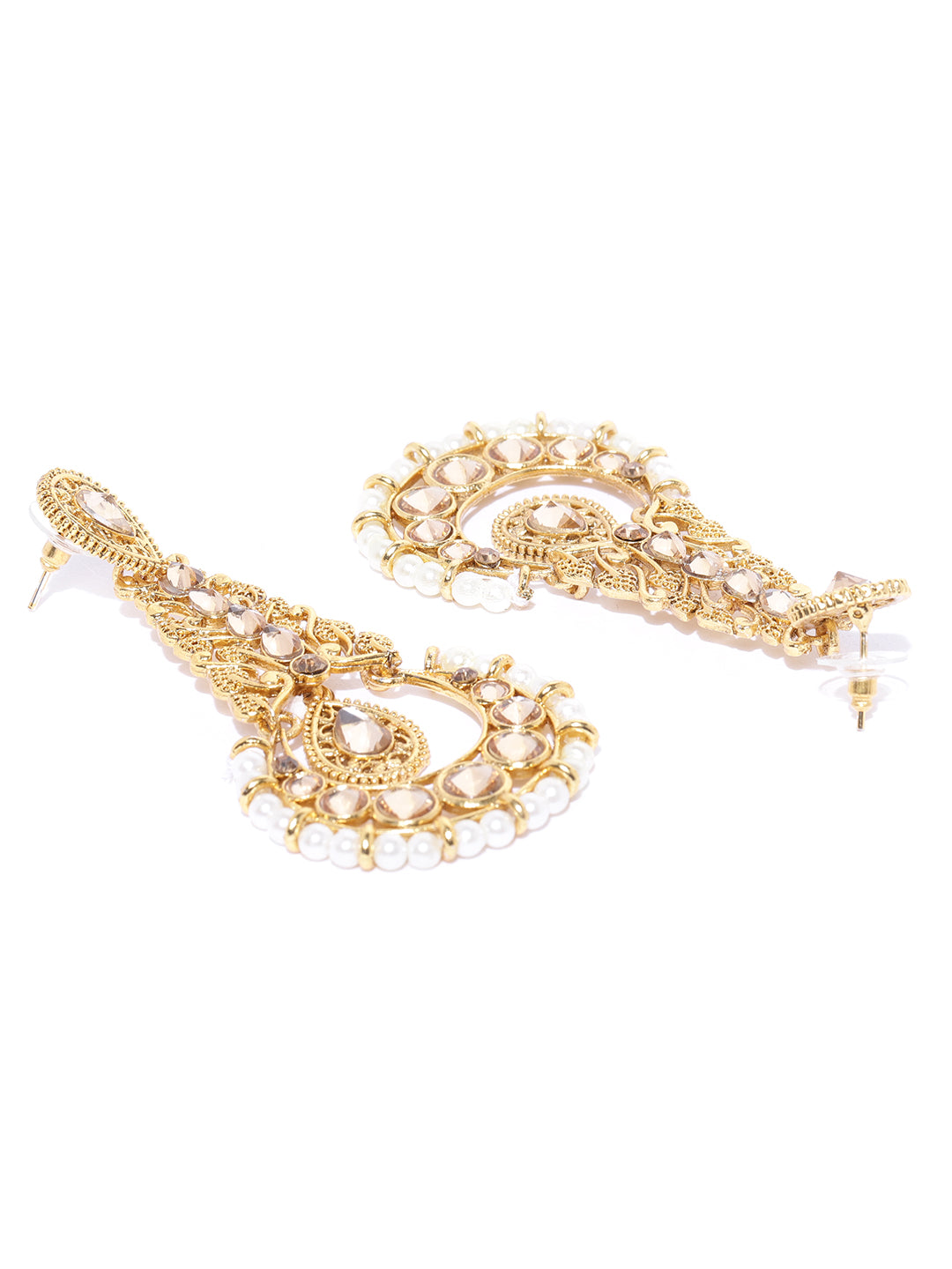 Gold-Plated Kundan and Pearls Studded Drop Earrings