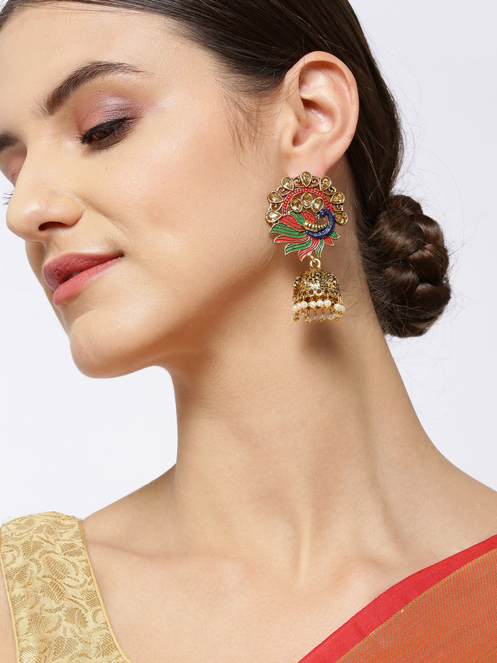 Gold-Plated Stones Studded Peacock Indpired Meenakari Jhumka Earrings in Red and Green Color