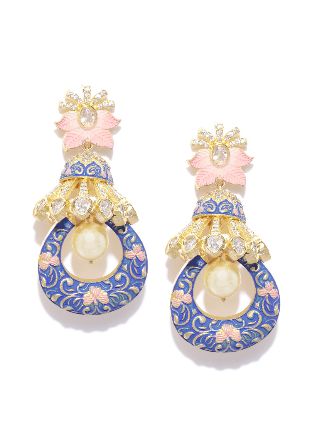 Gold-Plated American Diamond Studded Floral Drop Earrings with Meenakari in Blue and Pink Color