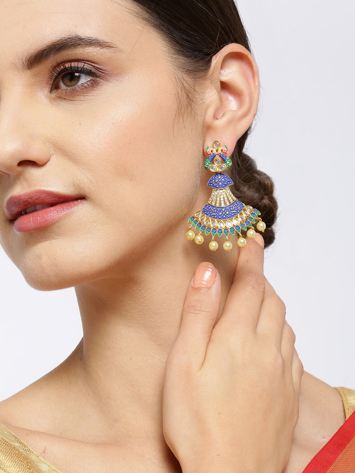 Gold-Plated American Diamond Studded Peacock Inspired Drop Earrings with Meenakari in Blue and Green Color