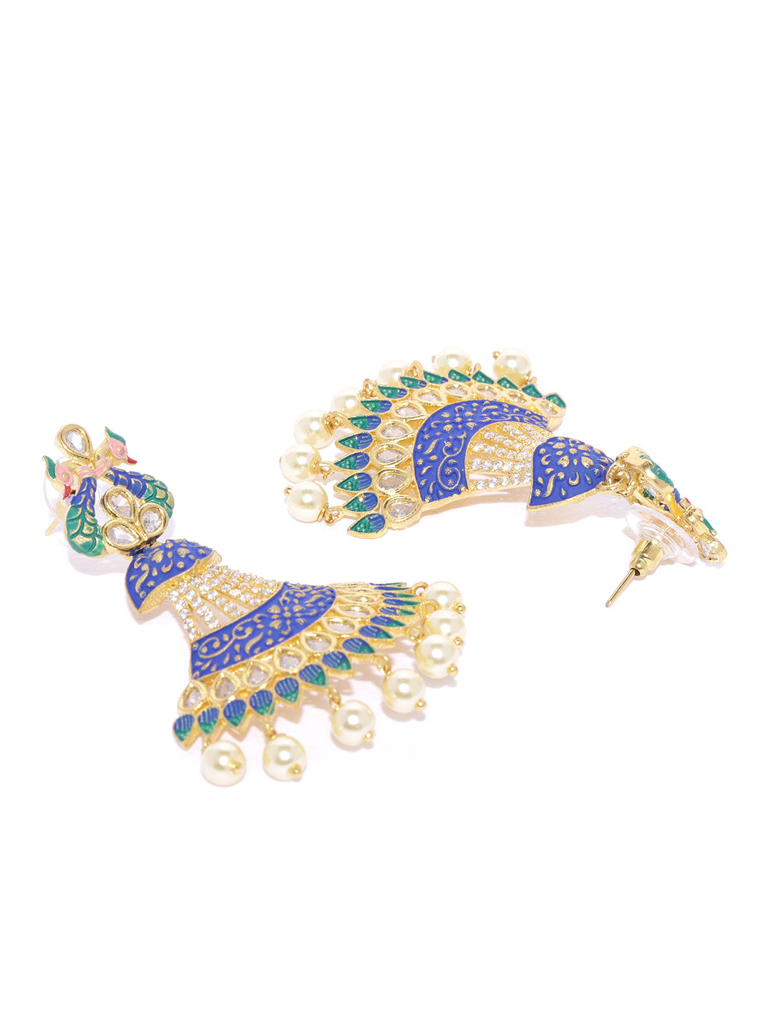 Gold-Plated American Diamond Studded Peacock Inspired Drop Earrings with Meenakari in Blue and Green Color