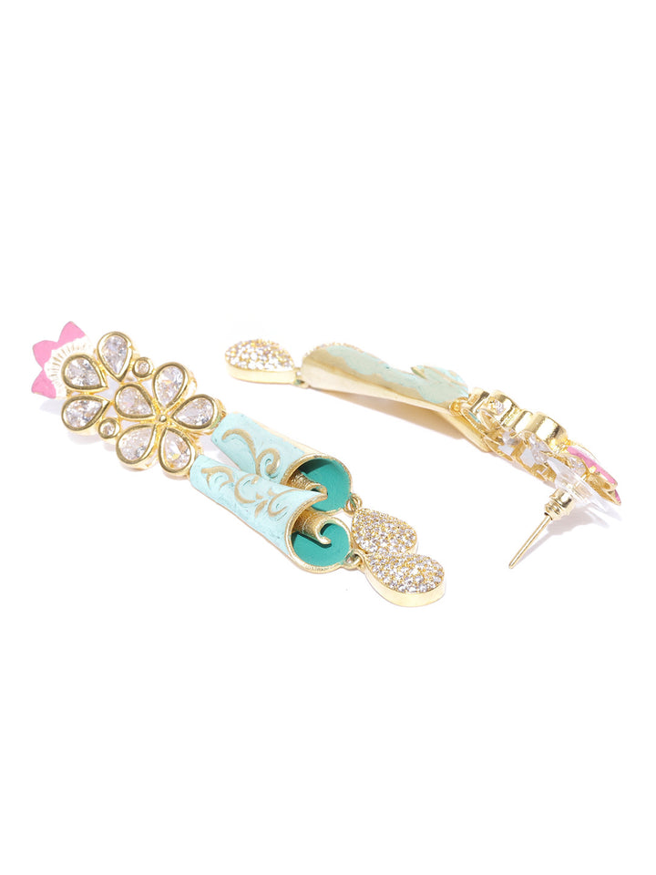 Gold-Plated American Diamond Studded Floral Drop Earrings with Meenakari in Sea Green and Pink Color
