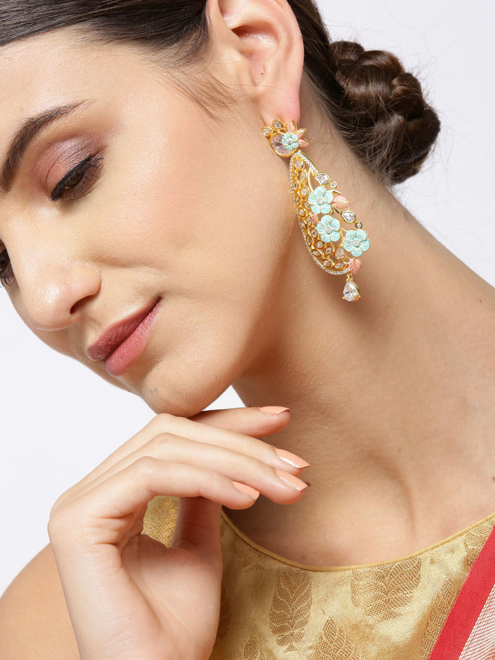 Gold-Plated American Diamond Studded Floral Drop Earrings with Meenakari in Sea Green and Pink Color