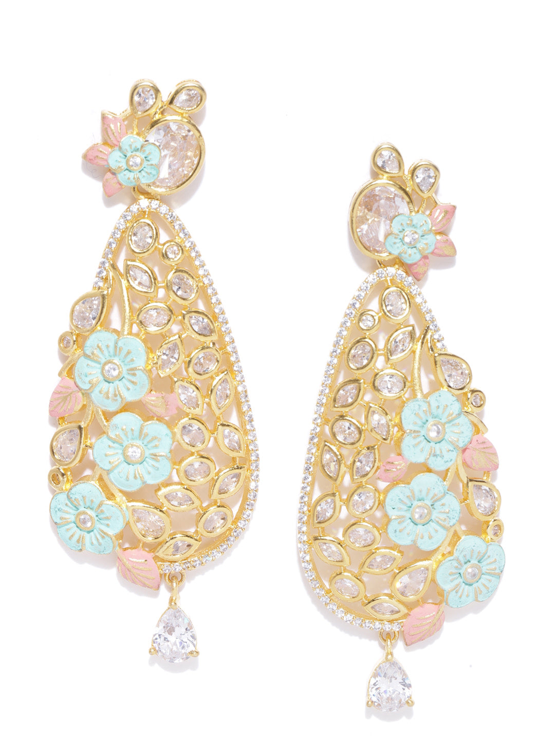 Gold-Plated American Diamond Studded Floral Drop Earrings with Meenakari in Sea Green and Pink Color