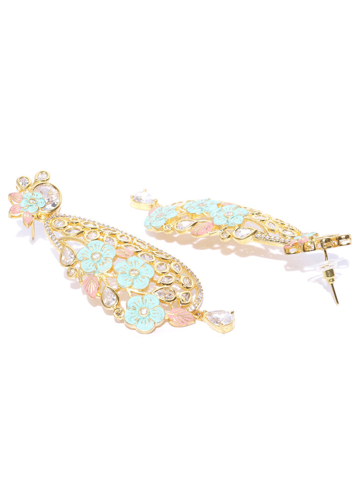 Gold-Plated American Diamond Studded Floral Drop Earrings with Meenakari in Sea Green and Pink Color