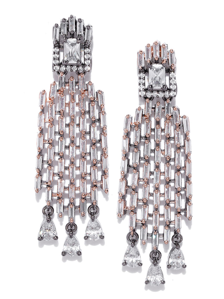 Gunmetal-Plated American Diamond Studded Geometric Patterned Drop Earrings