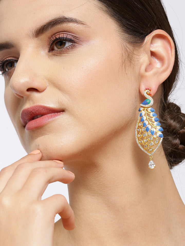 Gold-Plated American Diamond Studded Peacock Inspired Earrings with Meenakari in Blue Color