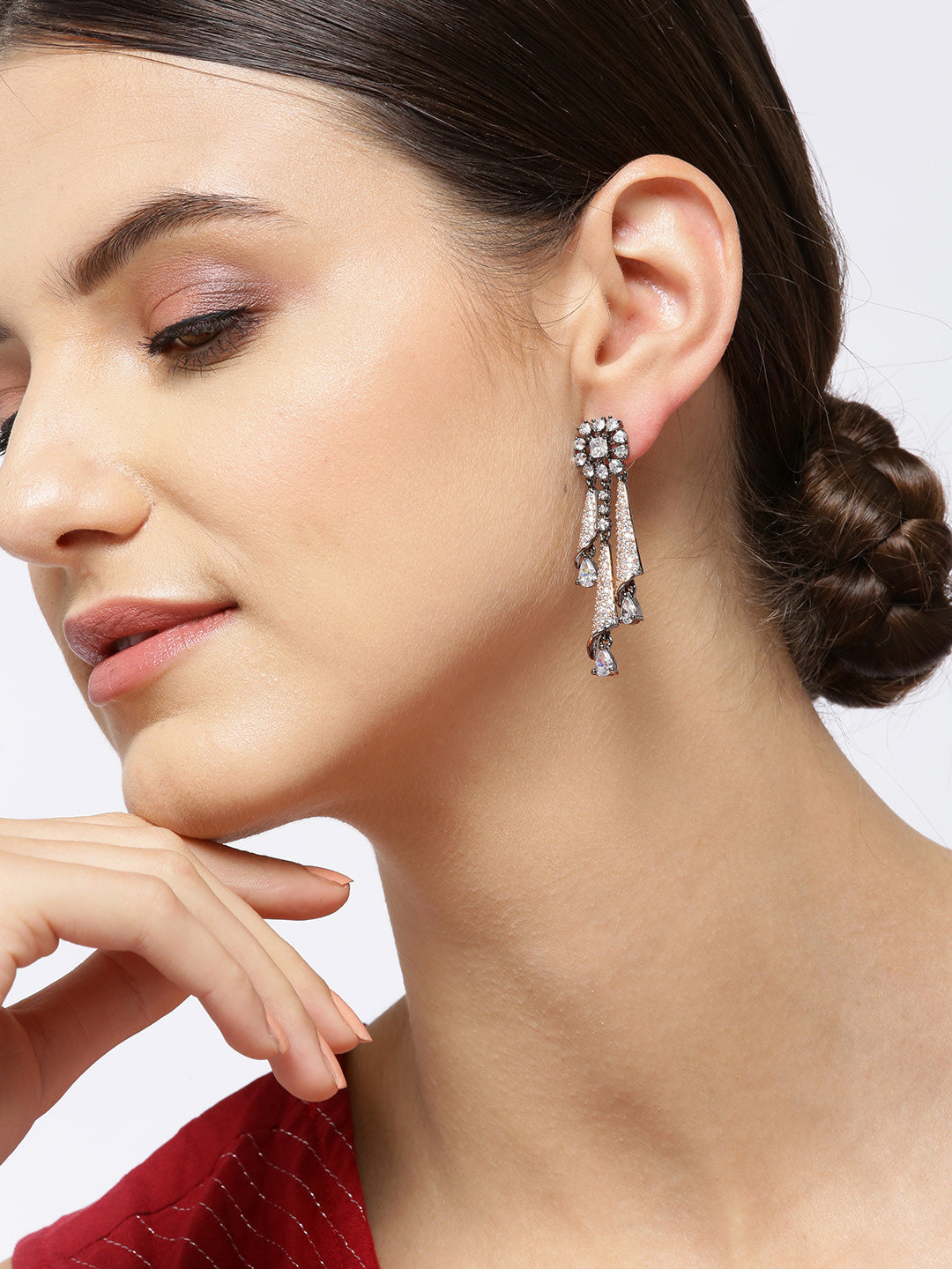 Gunmetal-Plated American Diamond Studded Floral Drop Earrings