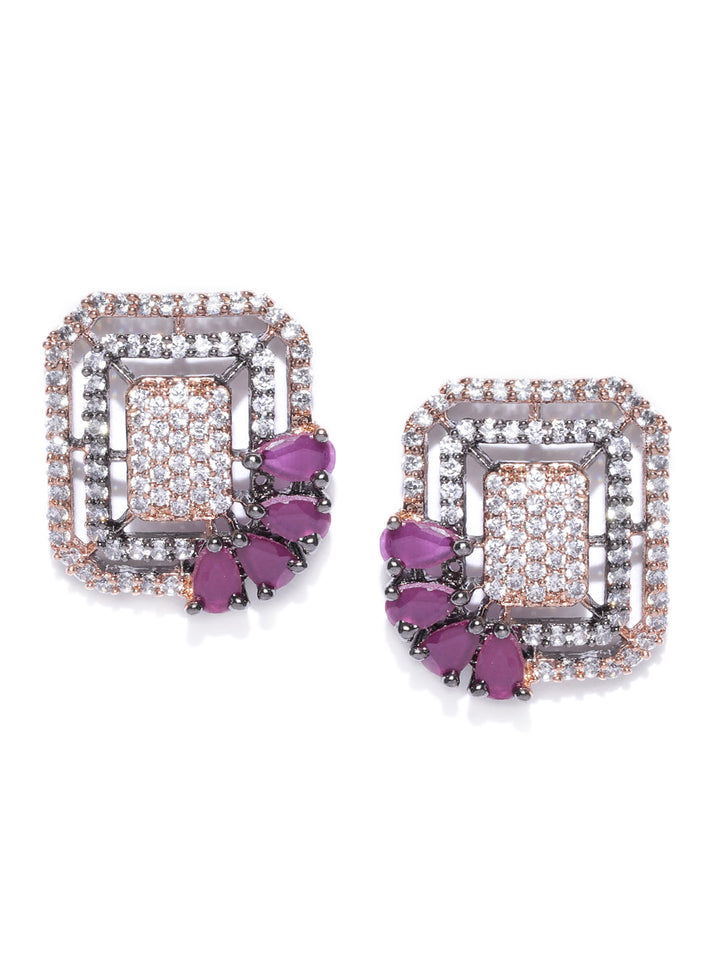 Gunmetal-Plated Magenta Stones and American Diamond Studded Geometric Stud Earrings
