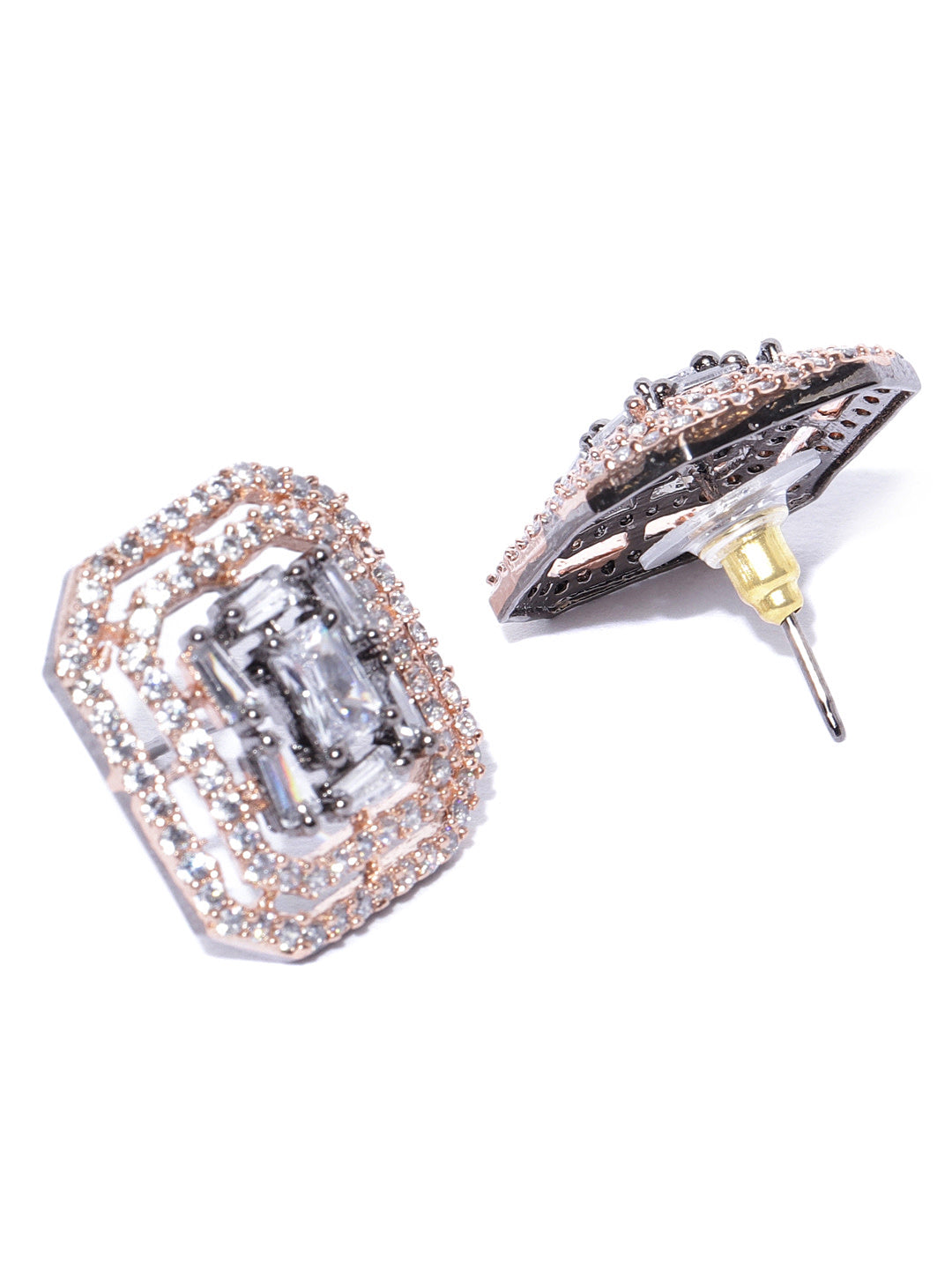Gunmetal-Plated American Diamond Studded Geometric Stud Earrings