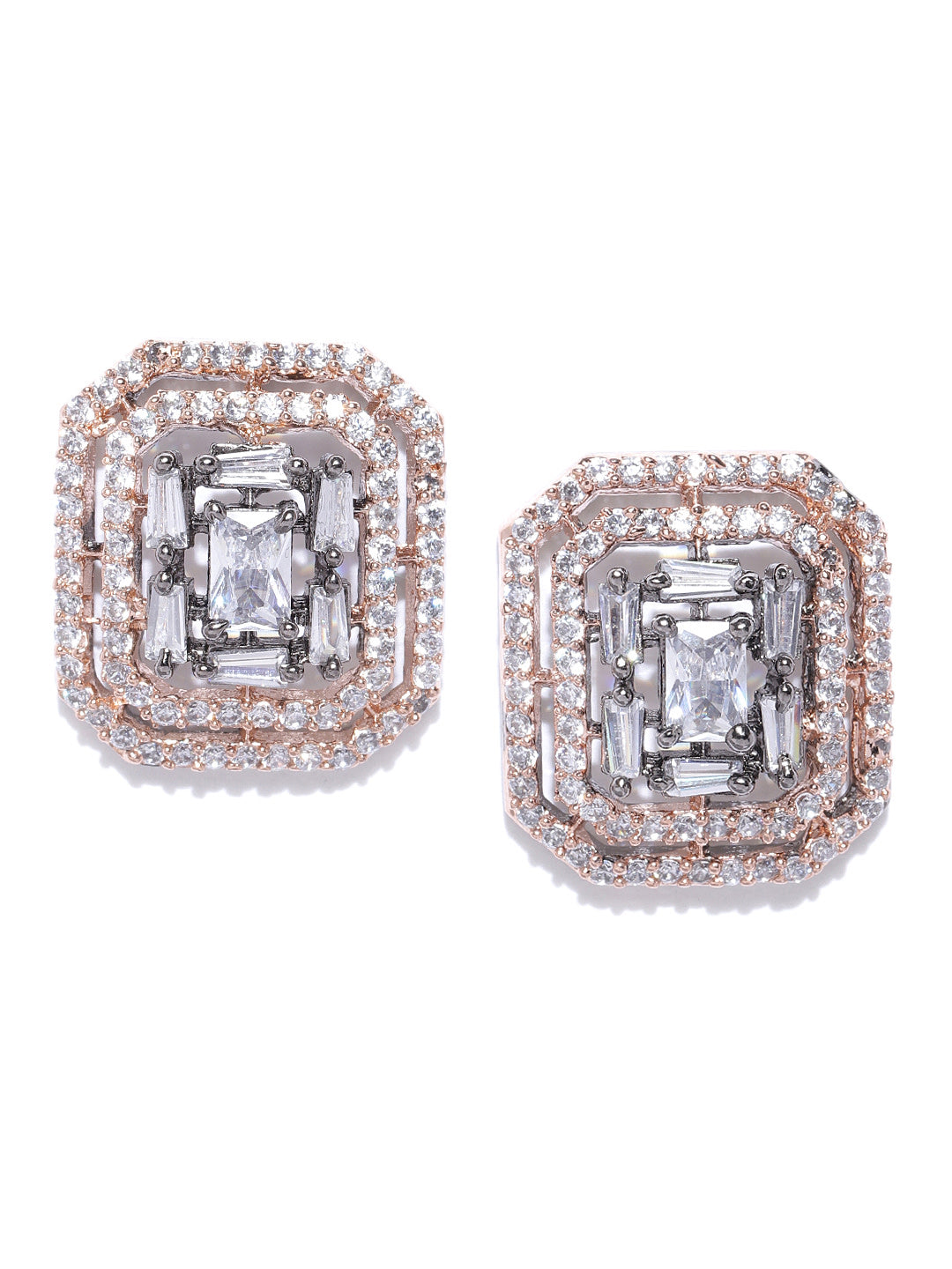 Gunmetal-Plated American Diamond Studded Geometric Stud Earrings