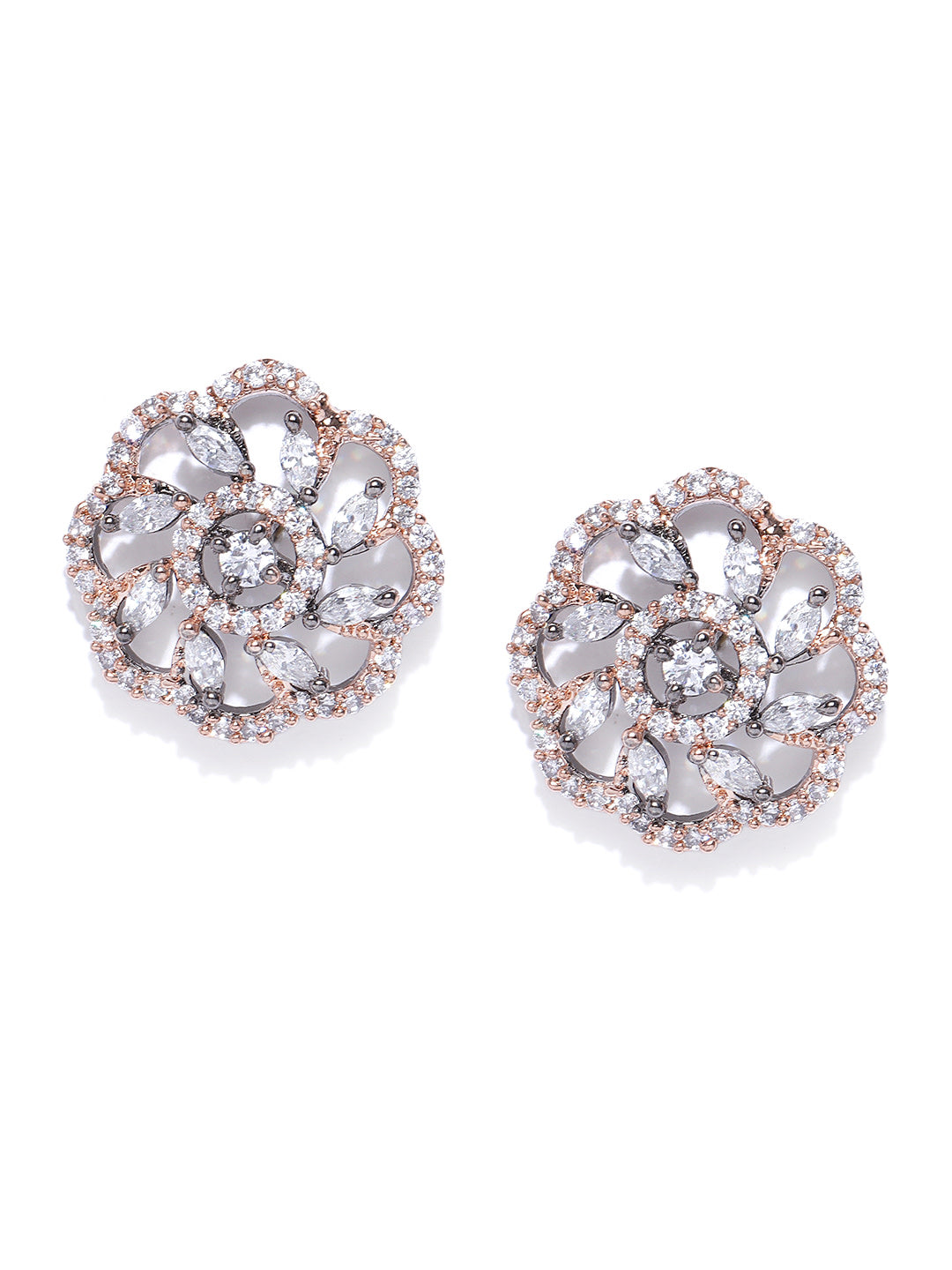 Gunmetal-Plated American Diamond Studded Floral Stud Earrings
