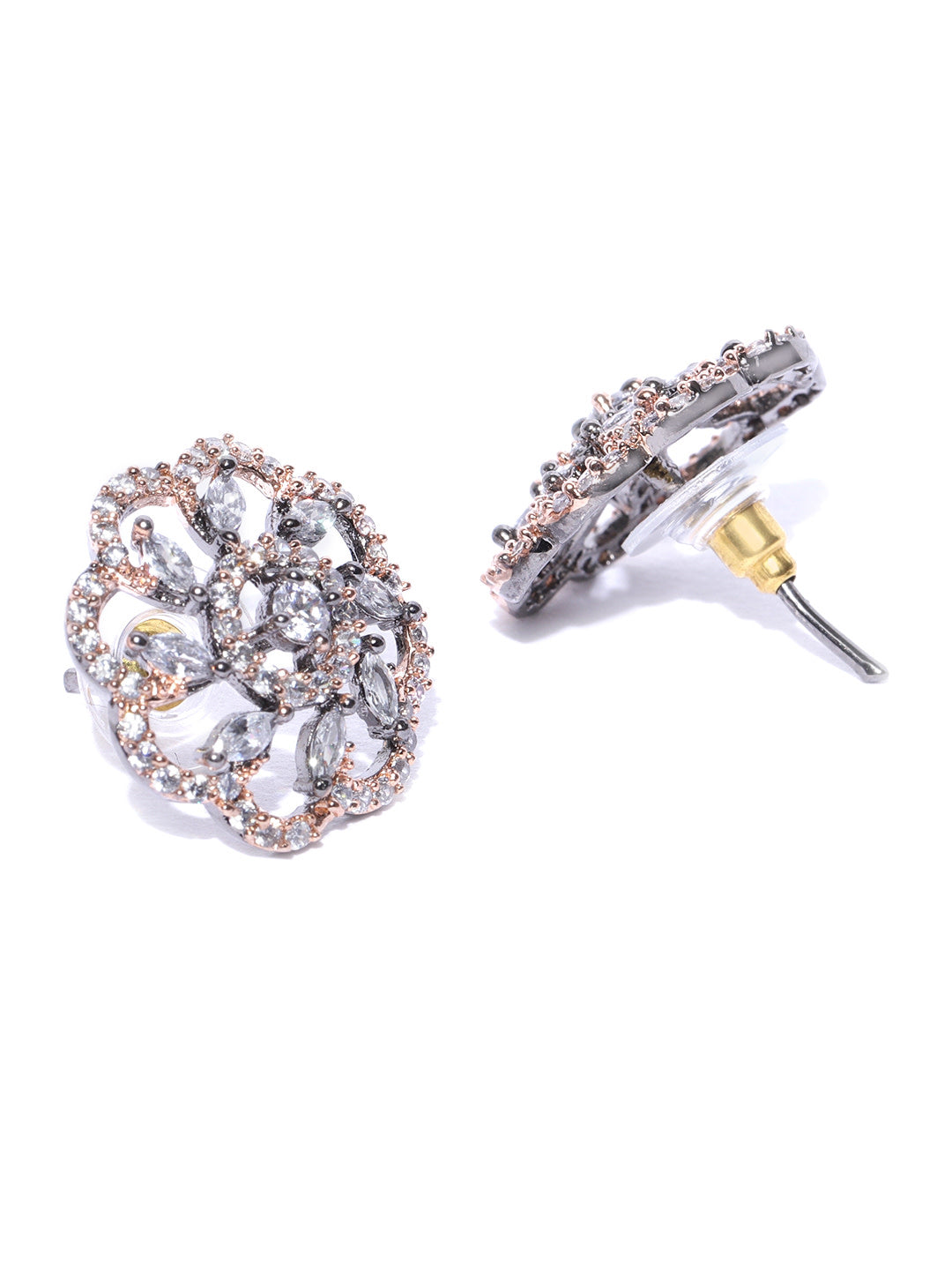 Gunmetal-Plated American Diamond Studded Floral Stud Earrings
