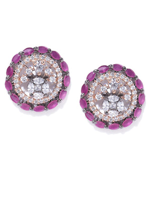 Gunmetal-Plated American Diamond and Magenta Stones Stud Earrings in Floral Pattern