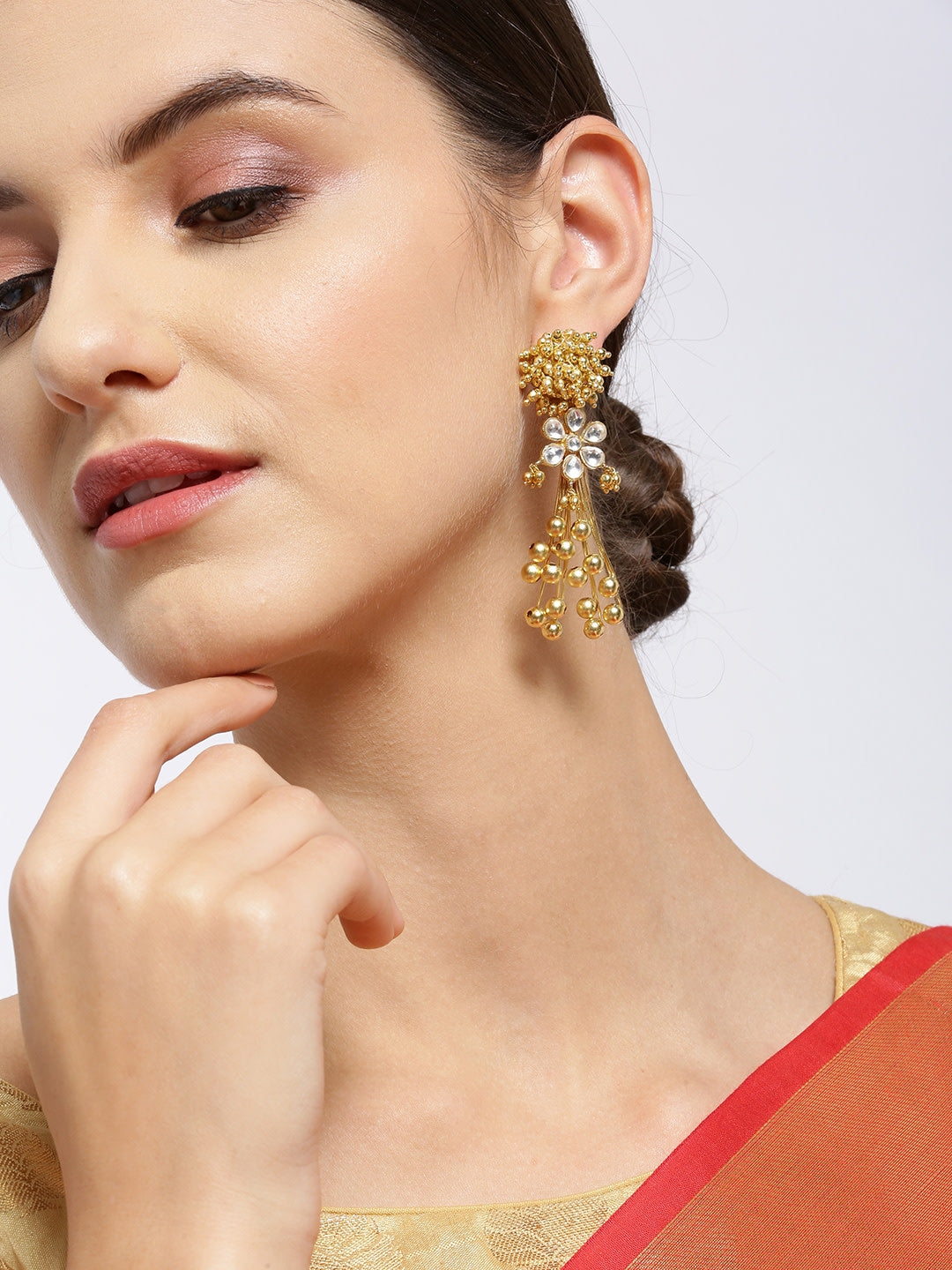 Gold-Plated Kundan Studded Floral Drop Earrings