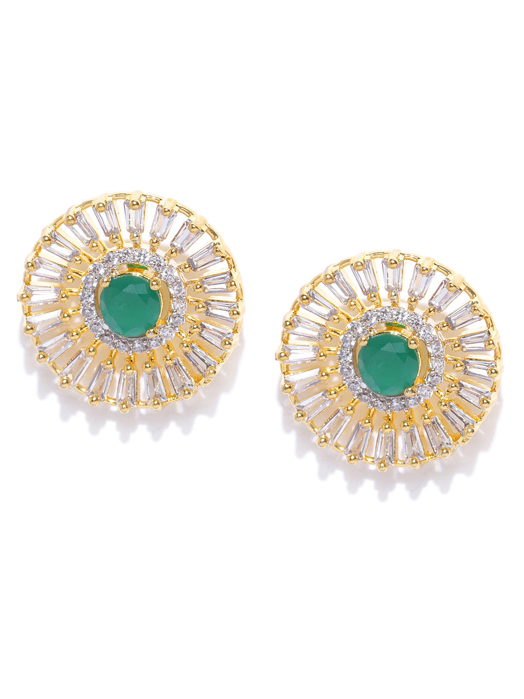 Gold-Plated American Diamond and Emerald Studded Stud Earrings