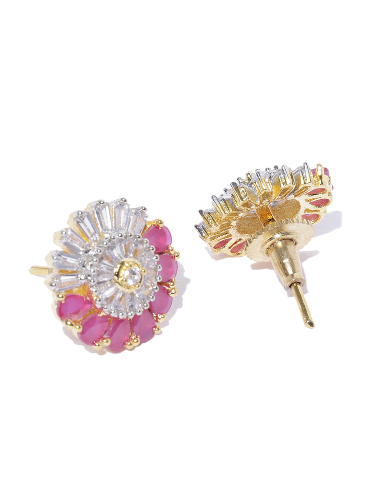 Gold-Plated American Diamond and Ruby Studded Floral Stud Earrings