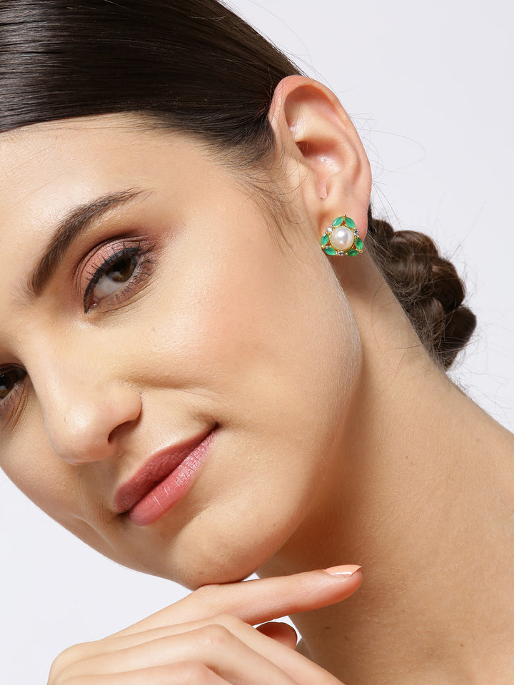 Gold-Plated Emerald, Pearl and American Diamond Studded Stud Earrings