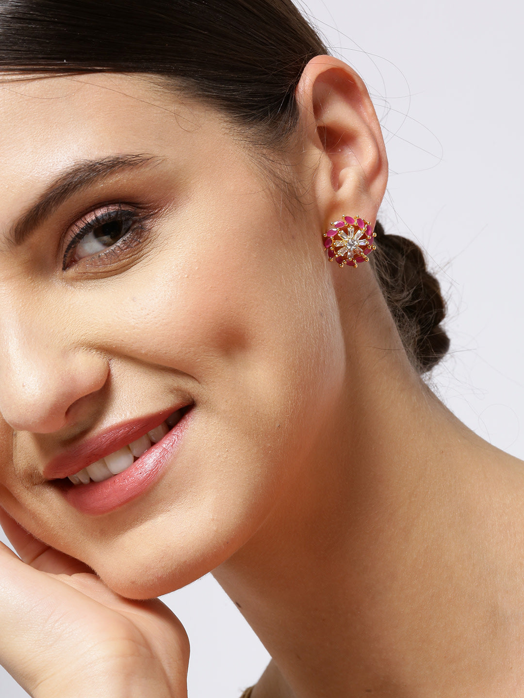 Gold-Plated American Diamond and Ruby Studded Floral Stud Earrings