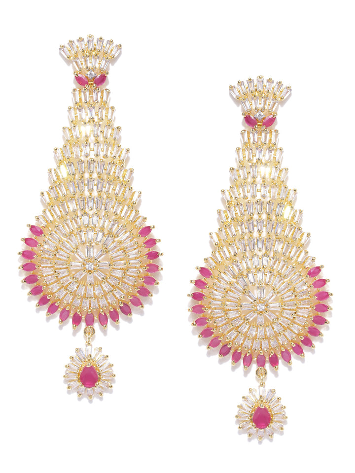 Gold-Plated American Diamond and Ruby Studded Heavy Drop Earrings