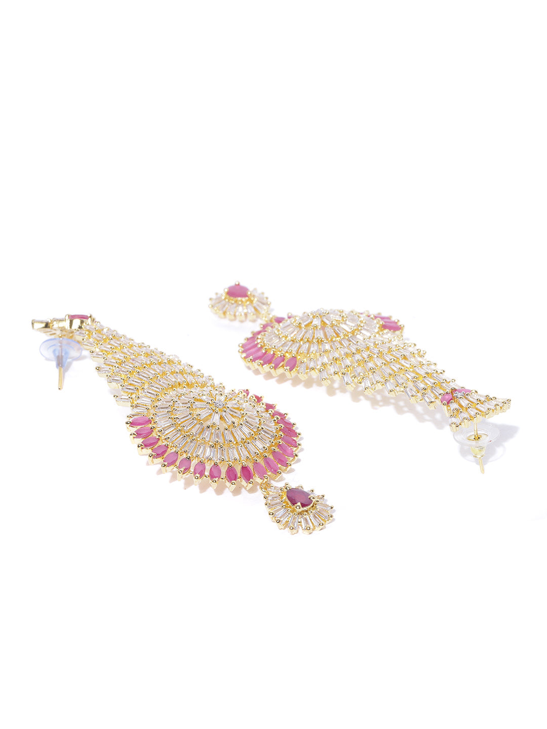 Gold-Plated American Diamond and Ruby Studded Heavy Drop Earrings