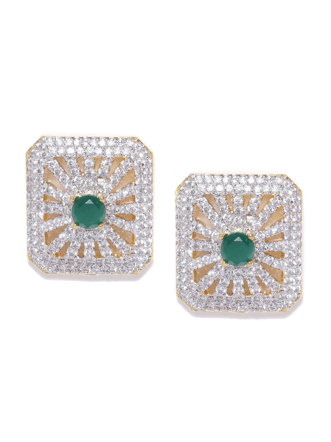 Gold-Plated American Diamond and Emerald Studded Stud Earrings