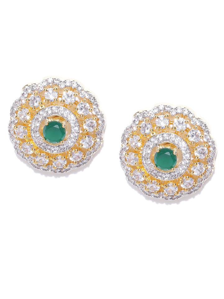 Gold-Plated American Diamond and Emerald Studded Floral Stud Earrings