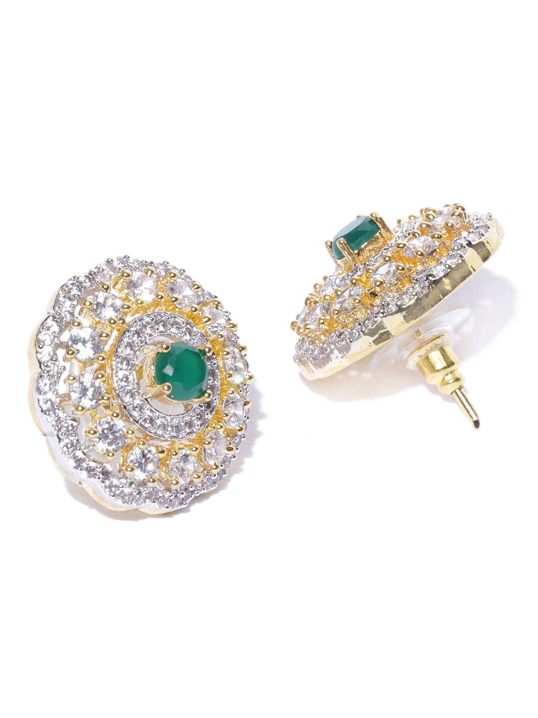 Gold-Plated American Diamond and Emerald Studded Floral Stud Earrings