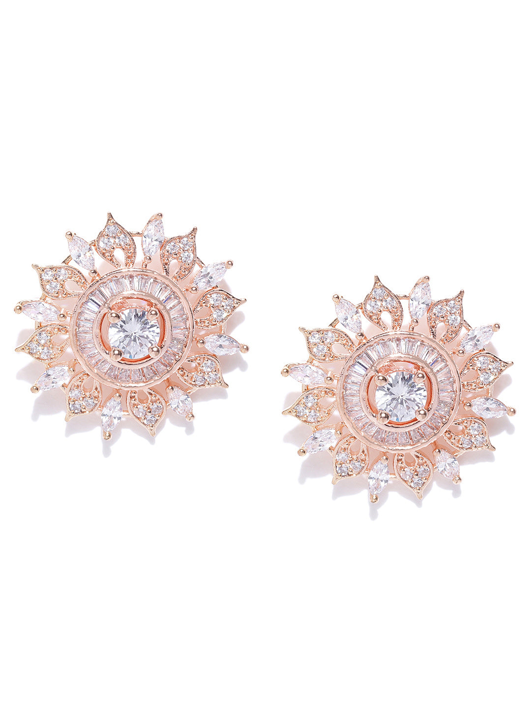 Rose Gold-Plated American Diamond Studded Floral Stud Earrings