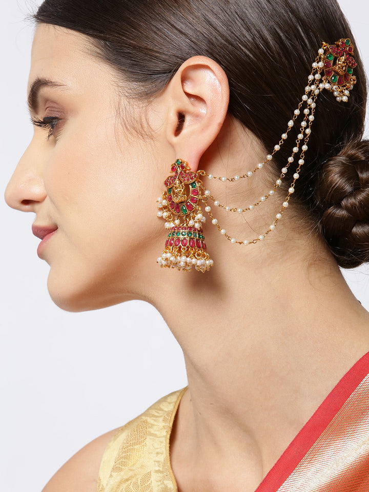 Kemp Stones Gold-Plated Peacock Jhumka Earrings Ear Chains with Pearls Drop