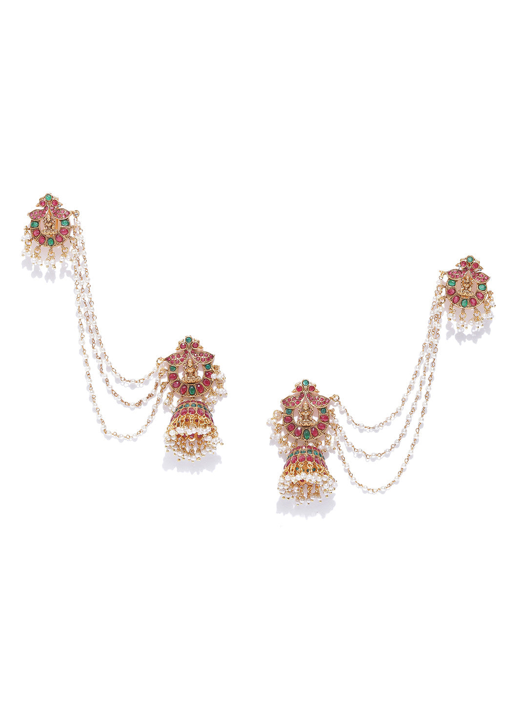 Kemp Stones Gold-Plated Peacock Jhumka Earrings Ear Chains with Pearls Drop