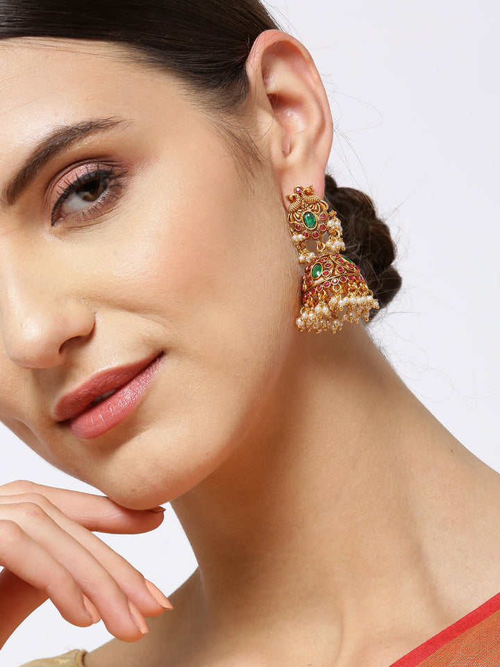 Kemp Stones Gold-Plated Peacock Inspired Jhumka Earrings with Pearls Drop