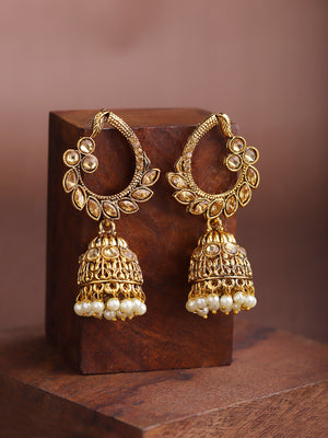 Gold-Plated Stones Studded Jhumka Earrings with Pearls Drop