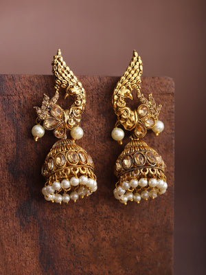 Pihu - Gold-Plated Stones Studded Peacock Inspired Pearl Drop Jhumka Earrings