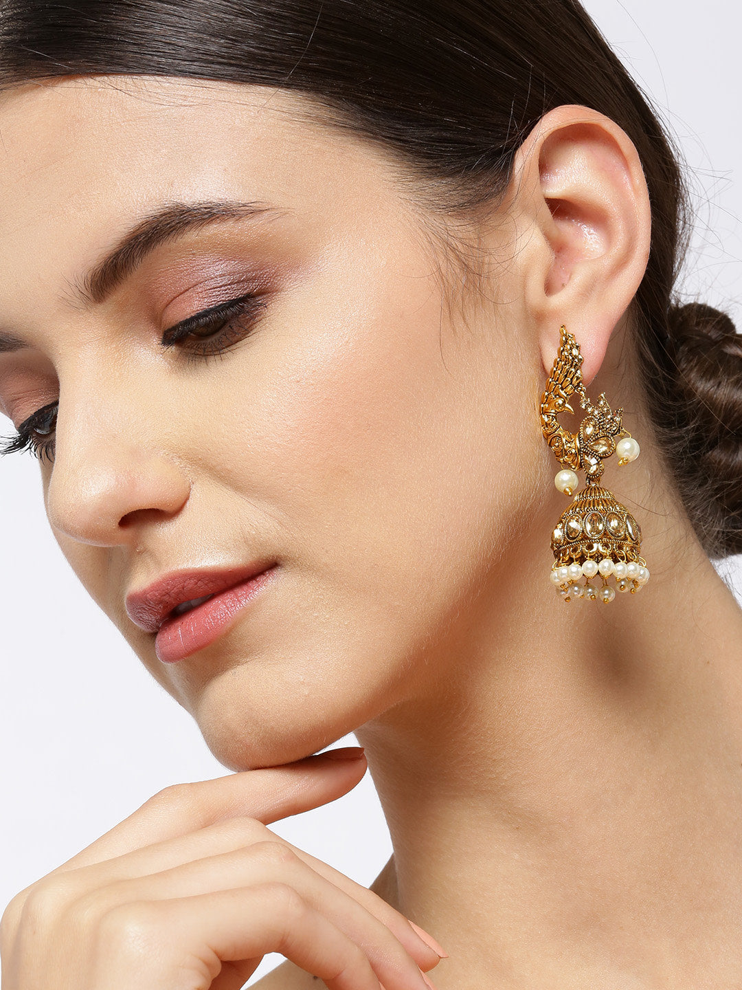 Pihu - Gold-Plated Stones Studded Peacock Inspired Pearl Drop Jhumka Earrings