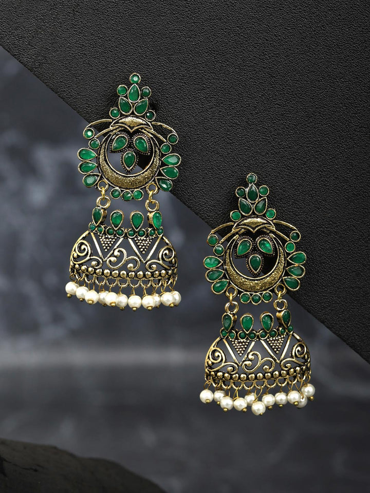 Beads Emerald Gold Plated Oxidised Jhumka Earring