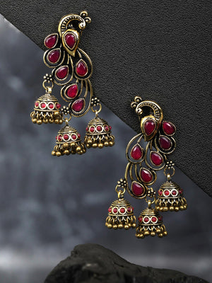 Ruby Beads Gold Plated Oxidised Jhumka Earring