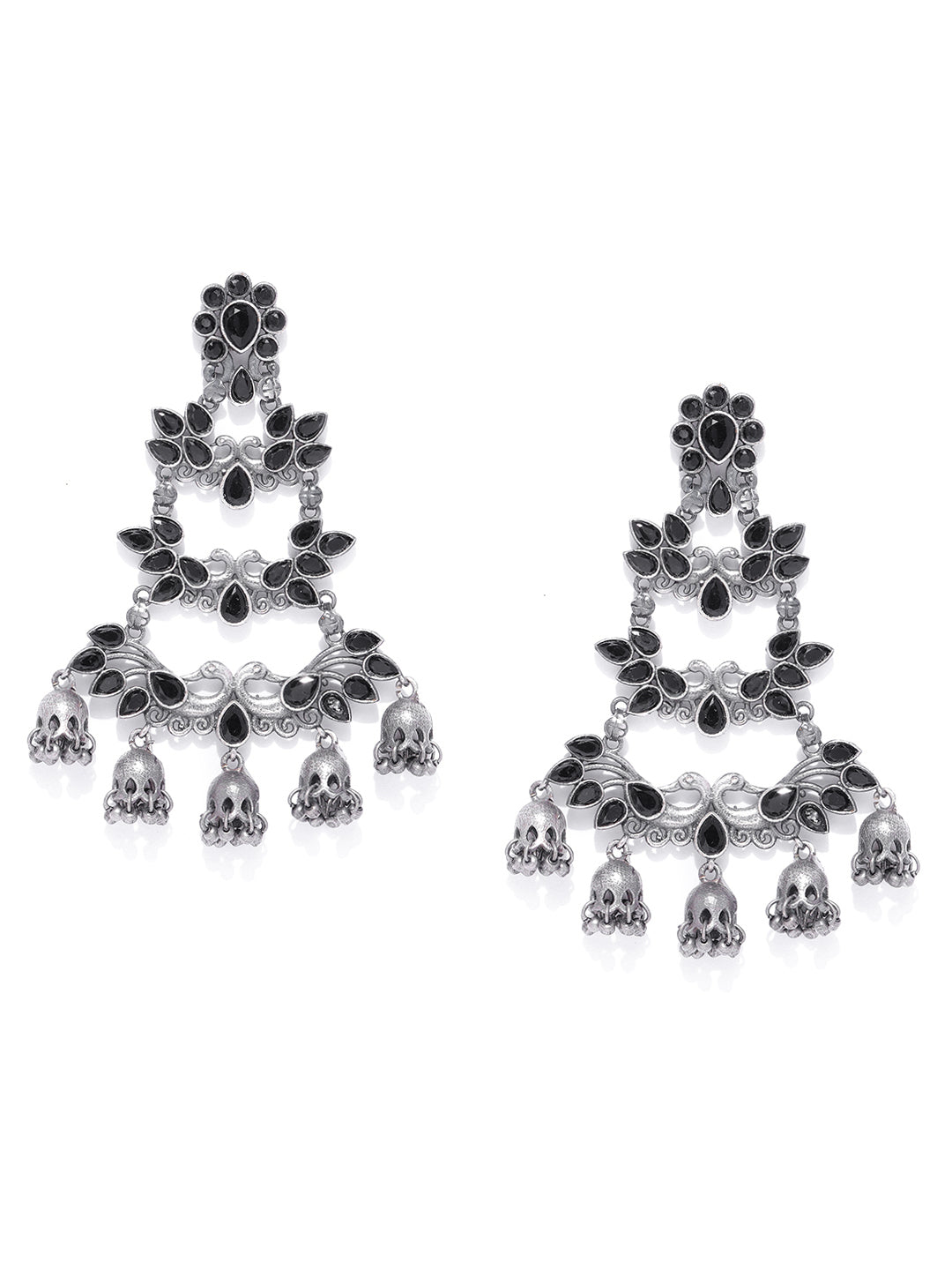 Oxidised Silver-Plated Black Stones Studded Peacock Inspired Drop Earrings