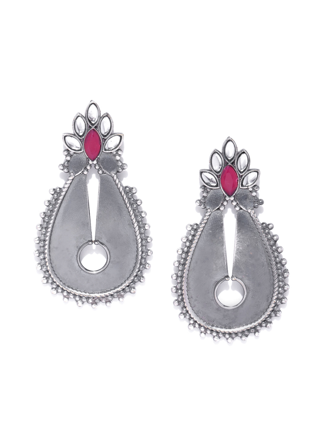 Oxidised Silver-Plated Kundan and Ruby Studded Teardrop Shaped Earrings