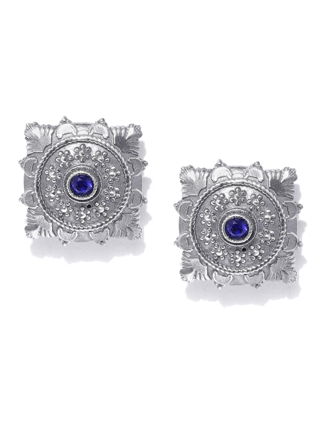 Oxidised Silver Plated Blue Stone Studded Square Shaped Stud Earrings